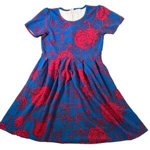 Lularoe Fit and Flare Dress Women's Small Blue Red Floral Floral Fairycore